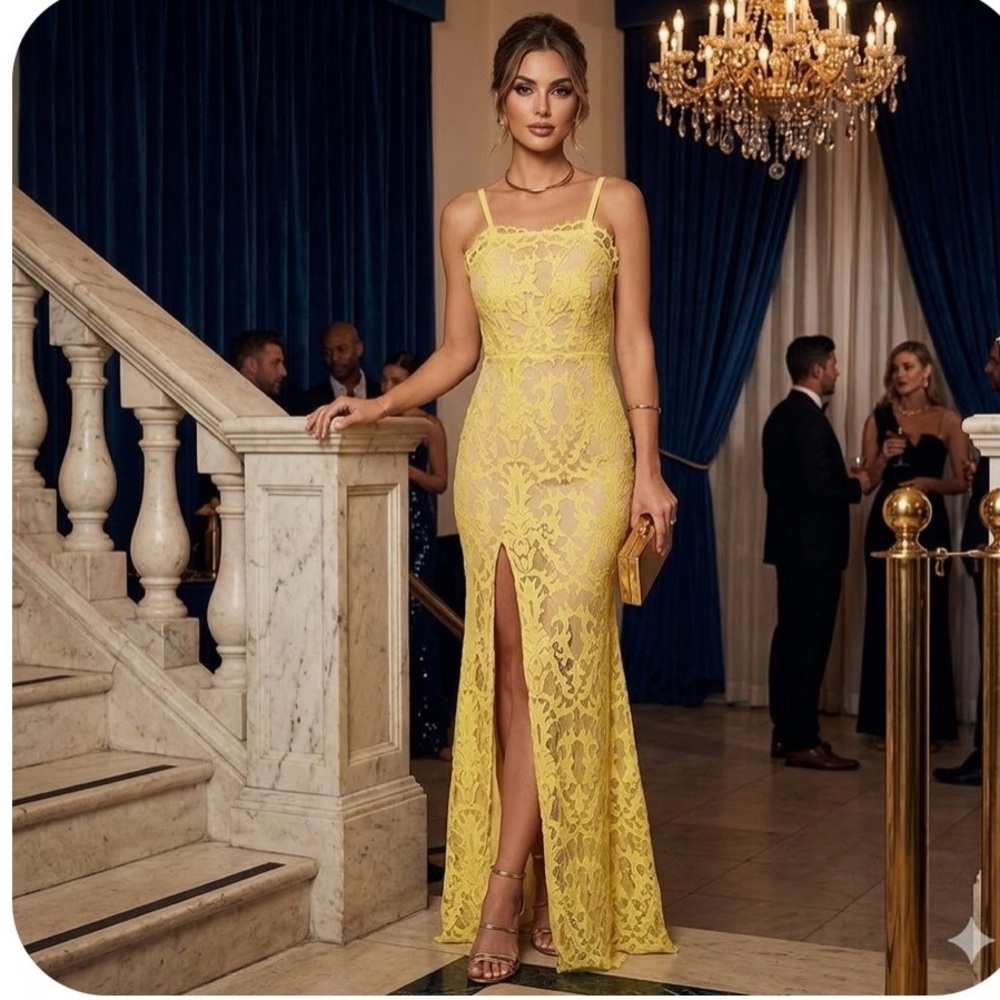 L’ATISTEby Amy body con floral lace yellow long dress semi sheer Sz medium